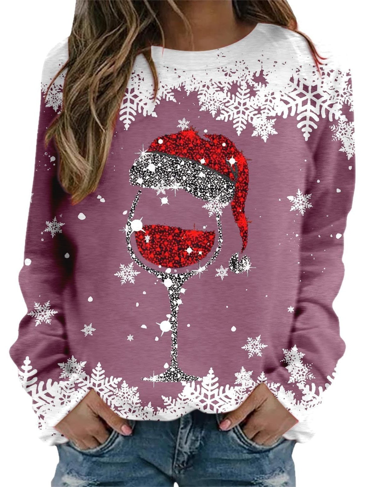 Wine glass Christmas New Women's Round Neck Sweater 3D Digital Printing Casual Women's Clothing
