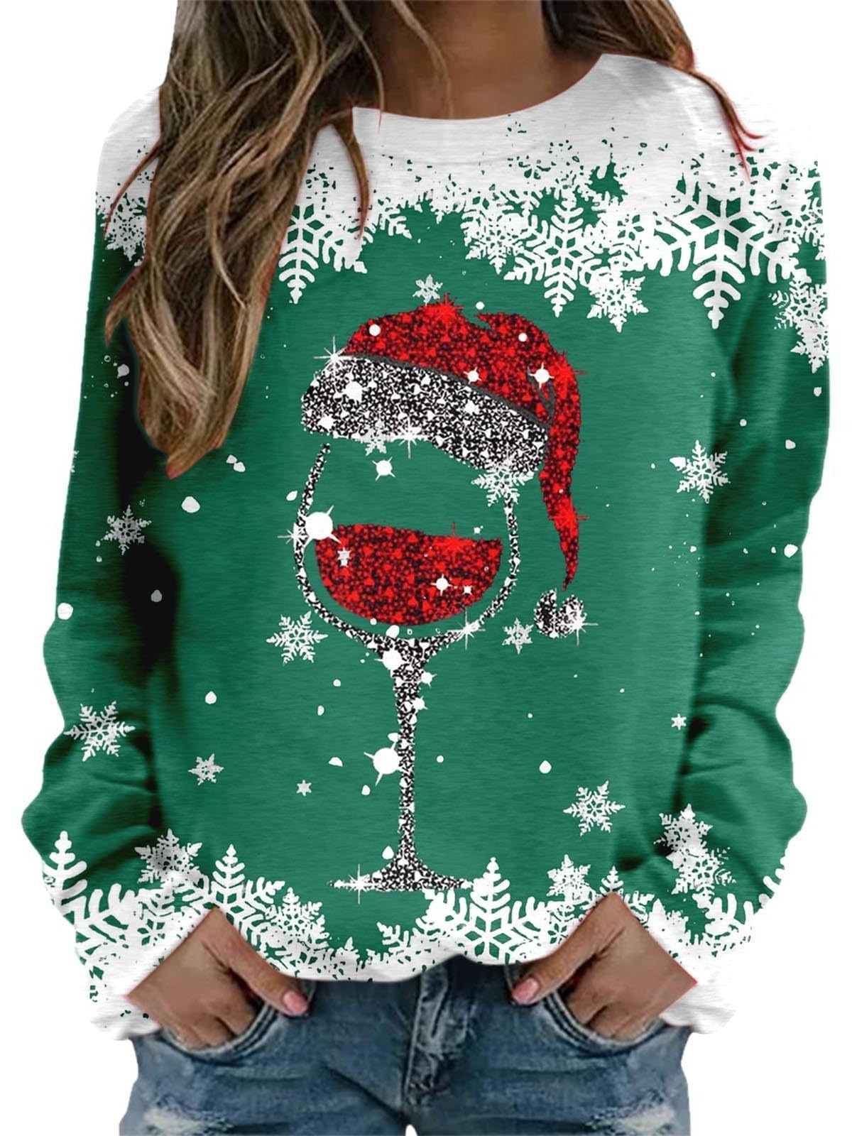 Wine glass Christmas New Women's Round Neck Sweater 3D Digital Printing Casual Women's Clothing